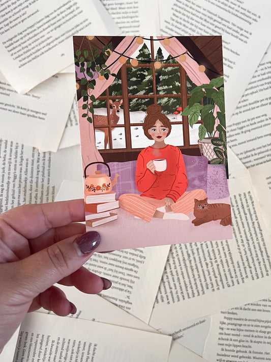 ansichtkaart met winterthema, een cosy plekje. Ook leuk om te gebruiken in je journal of voor je penpal.