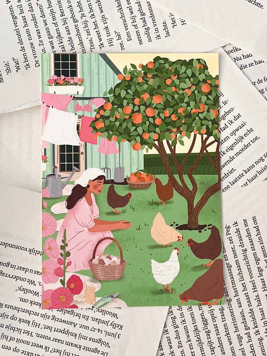kaart met illustratie van een vrouw met kippen