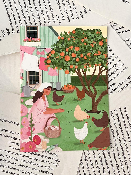 kaart met illustratie van een vrouw met kippen