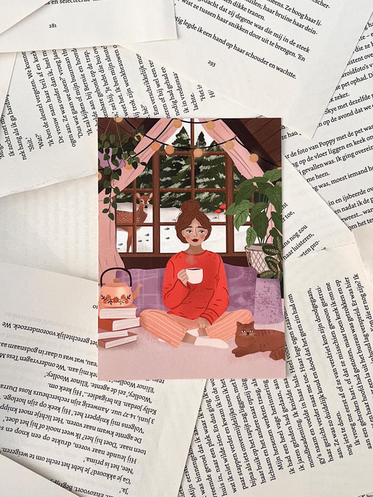 ansichtkaart met winterthema, een cosy plekje. Ook leuk om te gebruiken in je journal of voor je penpal.