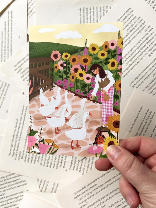 Ansichtkaart - Vrouw met ganzen