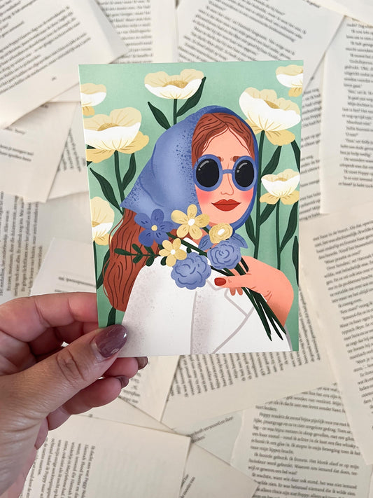 kaart met een illustratie van een vrouw met bloemen