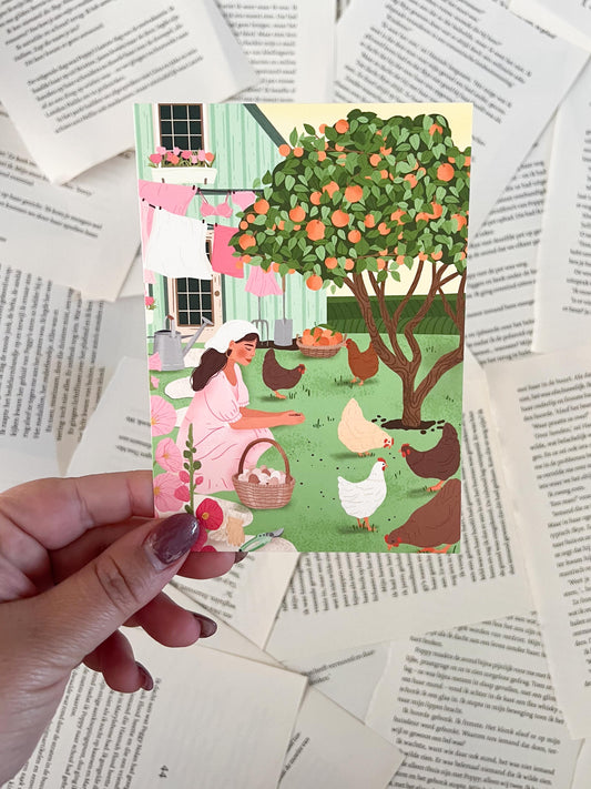 kaart met illustratie van een vrouw met kippen