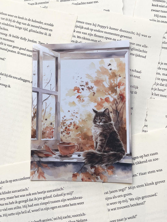 ansichtkaart met een kat in een herfst raamkozijn